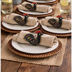 Vtg Rooster Chicken Napkin Rings Set of 4 Rustic Farmhouse‎ Country Brass Enamel